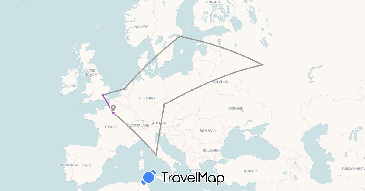 TravelMap itinerary: driving, plane, train in Czech Republic, France, United Kingdom, Italy, Netherlands, Poland, Russia, Sweden (Europe)